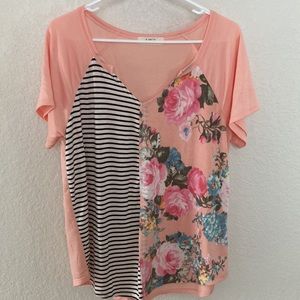 A.Gain Peach Stripped Floral Tee